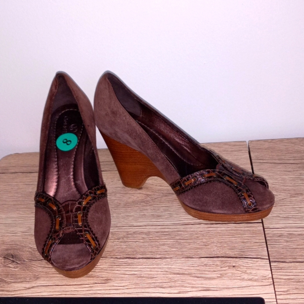 Cole Haan peep to wedge suede 3 inch heel